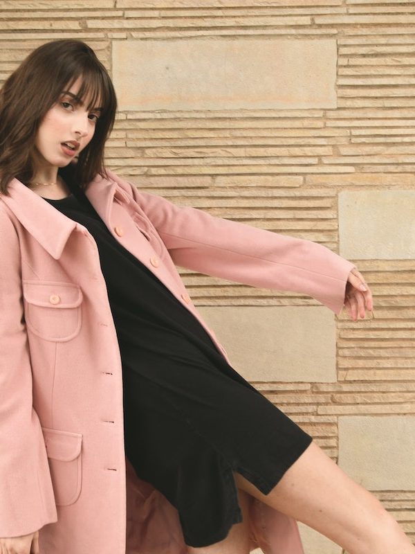 Woman Wearing Pink Overcoat and Black Inner Top